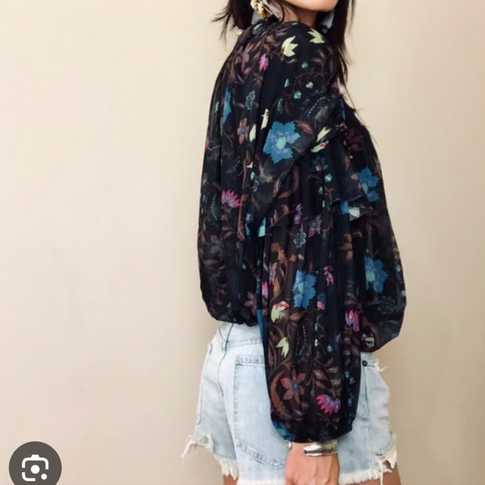 Free People Black Wildflower Honey Mesh Long Sleeve Ruffle Shirt